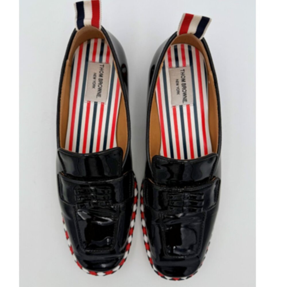 Thom Browne Black Patent Leather Loafers with Red White and Blue Trim - Picture 3 of 9